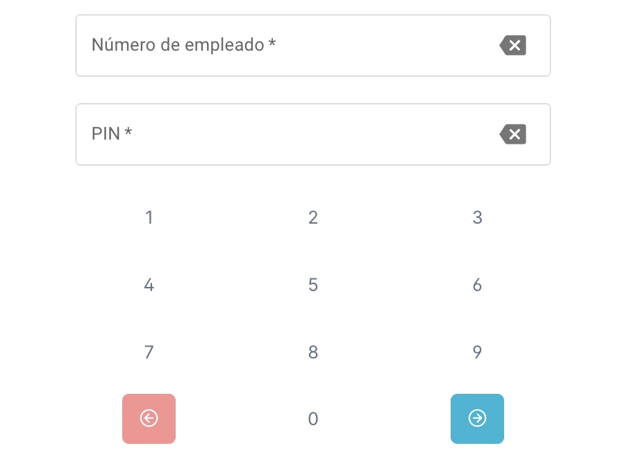 Kiosco en recepción: registro con número de empleado y PIN
