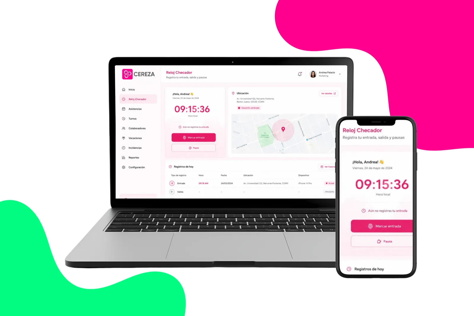 Tablero del reloj checador de Cereza con la asistencia del día